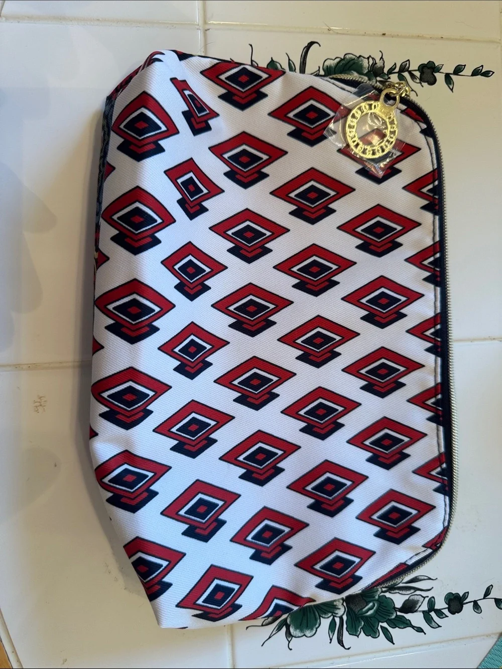 Estée Lauder Red and White Geometric Double Sided Makeup Pouch